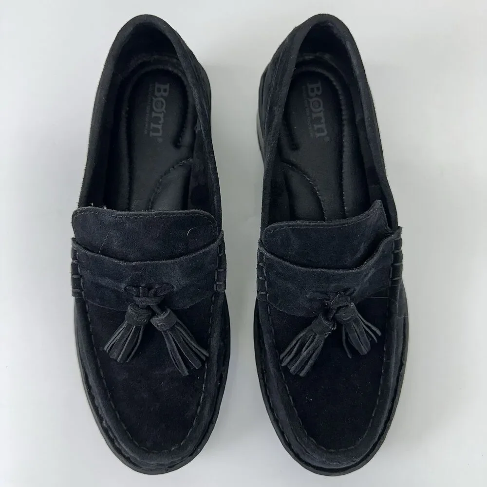 Born Womens Size 8 Capri Tassel Black Suede Lugged Loafers Shoes Capsule Preppy